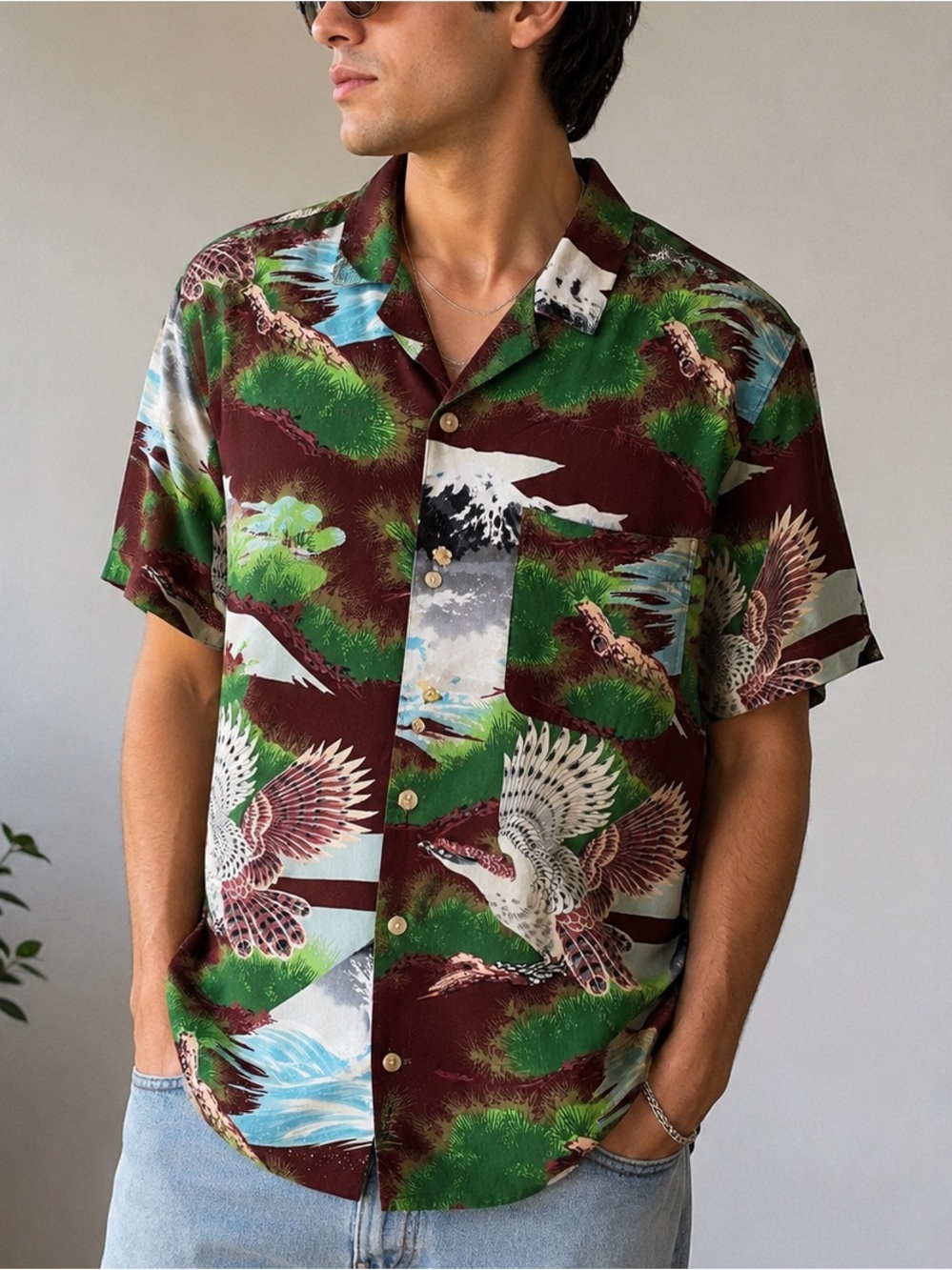 Vintage Polo Sport Ralph Lauren Rayon Japanese Crane Scenic Printed Shirt Small